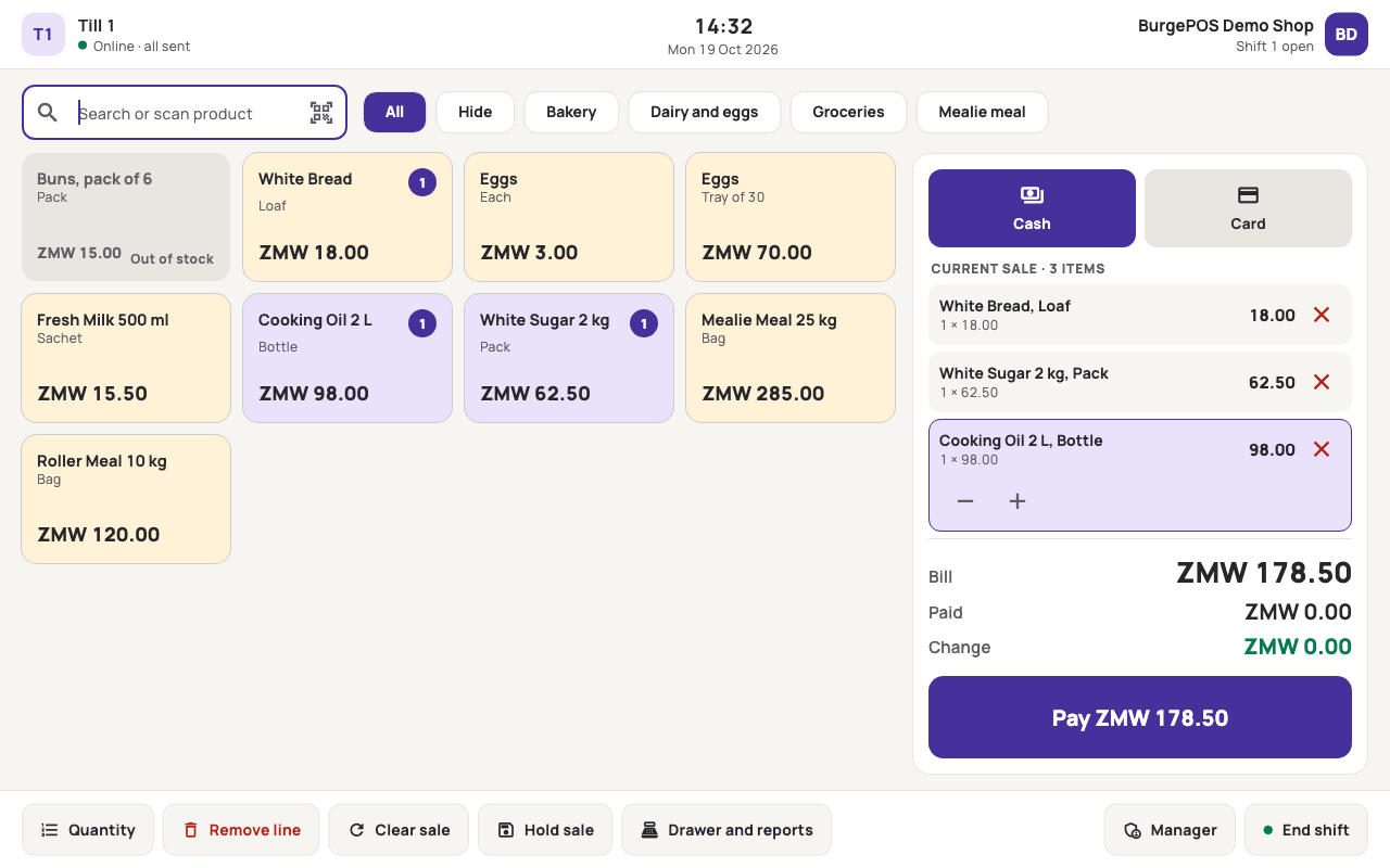 Actual BurgePOS till with a demonstration basket and payment controls